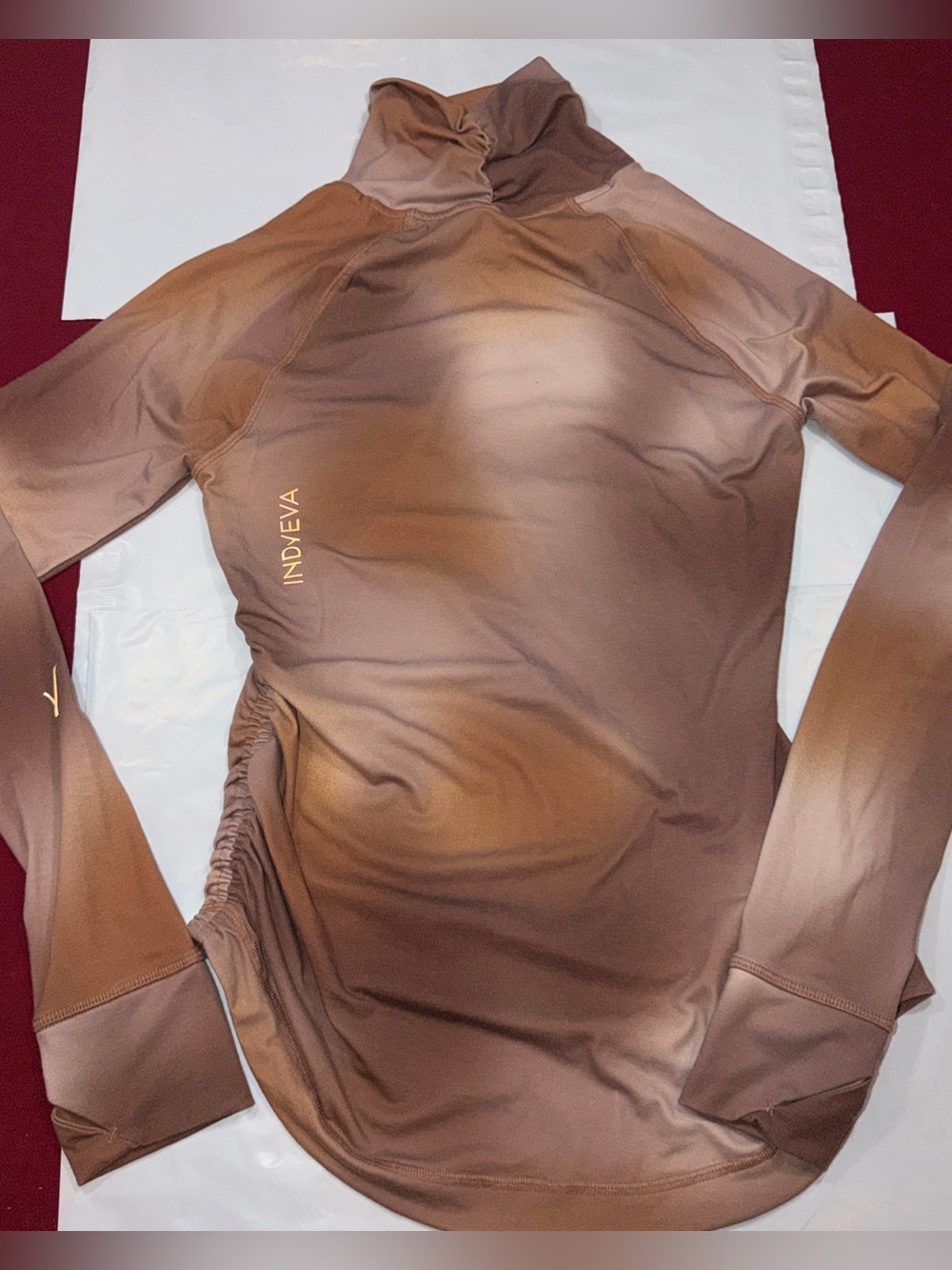 Indyeva Brown Tan Shirt Tie Dye Long Thumb Hole Sleeve Mock-Neck Cinched Side XS